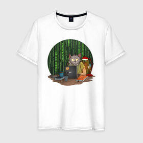 Мужская футболка хлопок с принтом IT - кот в Курске, 100% хлопок | прямой крой, круглый вырез горловины, длина до линии бедер, слегка спущенное плечо. | birdborn | it | компьютер | кот | подарок | программист | профессия