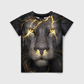 Детская футболка 3D с принтом Лев с молнией в Курске, 100% гипоаллергенный полиэфир | прямой крой, круглый вырез горловины, длина до линии бедер, чуть спущенное плечо, ткань немного тянется | глаза | гроза | зверь | король | кот | кошка | прайд | царь | шрам