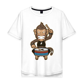 Мужская футболка хлопок Oversize с принтом Обезьяна и барабан в Курске, 100% хлопок | свободный крой, круглый ворот, “спинка” длиннее передней части | Тематика изображения на принте: барабан | обезьяны | рок