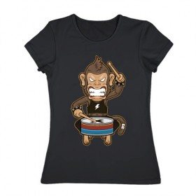 Женская футболка хлопок с принтом Обезьяна и барабан в Курске, 100% хлопок | прямой крой, круглый вырез горловины, длина до линии бедер, слегка спущенное плечо | Тематика изображения на принте: барабан | обезьяны | рок