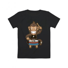 Детская футболка хлопок с принтом Обезьяна и барабан в Курске, 100% хлопок | круглый вырез горловины, полуприлегающий силуэт, длина до линии бедер | барабан | обезьяны | рок