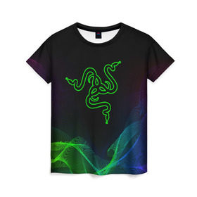 Женская футболка 3D с принтом RAZER в Курске, 100% полиэфир ( синтетическое хлопкоподобное полотно) | прямой крой, круглый вырез горловины, длина до линии бедер | 101 | brand | company | gamer | green | logo | mamba | naga | player | razer | rzr | snake | бренд | железо | зеленый | змея | компания | лого | рейзер | софт