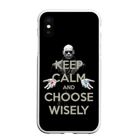 Чехол для iPhone XS Max матовый с принтом Keep calm and choose wisely в Курске, Силикон | Область печати: задняя сторона чехла, без боковых панелей | art | film | keep calm | matrix | neo | ttdwakeupneo | выбирай с умом | выбор | кип калм | красная | матрица | морфиус | нео | пилюли | реальность | руки | синяя | тринити | черный