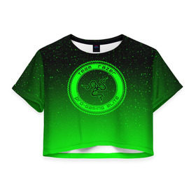 Женская футболка 3D укороченная с принтом RAZER SPACE в Курске, 100% полиэстер | круглая горловина, длина футболки до линии талии, рукава с отворотами | 101 | brand | company | gamer | green | logo | mamba | naga | player | razer | rzr | snake | space | бренд | железо | зеленый | змея | компания | космос | лого | рейзер | софт