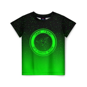 Детская футболка 3D с принтом RAZER SPACE в Курске, 100% гипоаллергенный полиэфир | прямой крой, круглый вырез горловины, длина до линии бедер, чуть спущенное плечо, ткань немного тянется | Тематика изображения на принте: 101 | brand | company | gamer | green | logo | mamba | naga | player | razer | rzr | snake | space | бренд | железо | зеленый | змея | компания | космос | лого | рейзер | софт