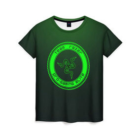 Женская футболка 3D с принтом RAZER в Курске, 100% полиэфир ( синтетическое хлопкоподобное полотно) | прямой крой, круглый вырез горловины, длина до линии бедер | 101 | brand | company | gamer | green | logo | mamba | naga | player | razer | rzr | snake | бренд | железо | зеленый | змея | компания | лого | рейзер | софт