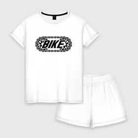Женская пижама с шортиками хлопок с принтом BIKE в Курске, 100% хлопок | футболка прямого кроя, шорты свободные с широкой мягкой резинкой | bike | байк | вело | велосипед | велосипедист | велосипедный | ехать | звезда | звено | колесо | крутить | логотип | педали | спорт | спортивный | фраза | цепь | черно белый | черный | эмблема