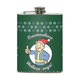 Фляга с принтом Vault boy: happy new year в Курске, металлический корпус | емкость 0,22 л, размер 125 х 94 мм. Виниловая наклейка запечатывается полностью | Тематика изображения на принте: 