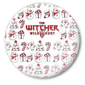 Значок с принтом The Witcher Новогодний в Курске,  металл | круглая форма, металлическая застежка в виде булавки | wild hunt | арбалет | ведьмак 3 | геральт | год | дикая | магия | новый | охота | снег | цири