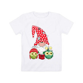Детская футболка хлопок с принтом Новогодние совушки и гном в Курске, 100% хлопок | круглый вырез горловины, полуприлегающий силуэт, длина до линии бедер | Тематика изображения на принте: 
