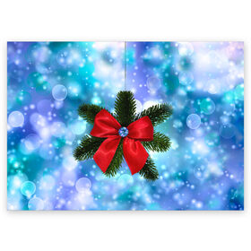 Поздравительная открытка с принтом Новогодний бантик в Курске, 100% бумага | плотность бумаги 280 г/м2, матовая, на обратной стороне линовка и место для марки
 | christmas | cookie | gift | gingerbread | new | present | snow | snowflakes | three | xmas | year | год | ёлка | ель | новый | подарок | пряник | рождество | снег | снежинки | сюрприз
