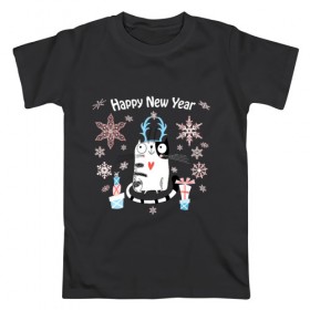 Мужская футболка хлопок с принтом Котейко Счастливый Новый год в Курске, 100% хлопок | прямой крой, круглый вырез горловины, длина до линии бедер, слегка спущенное плечо. | котики | коты | кошки | новый год