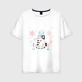 Женская футболка хлопок Oversize с принтом Котейко Счастливый Новый год в Курске, 100% хлопок | свободный крой, круглый ворот, спущенный рукав, длина до линии бедер
 | котики | коты | кошки | новый год