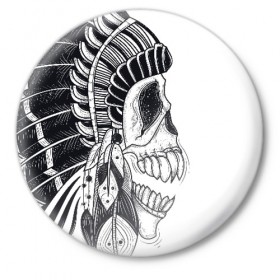 Значок с принтом Индейский демон в Курске,  металл | круглая форма, металлическая застежка в виде булавки | indian | skeleton | skull | демон | индеец | перья | скелет | череп