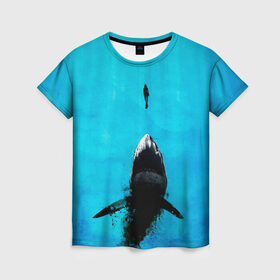 Женская футболка 3D с принтом Акула на охоте в Курске, 100% полиэфир ( синтетическое хлопкоподобное полотно) | прямой крой, круглый вырез горловины, длина до линии бедер | акула | женщина | море | охота | рыба | хищник
