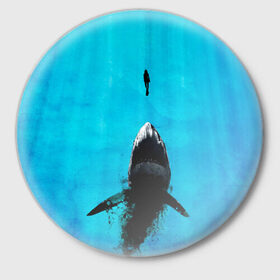 Значок с принтом Акула на охоте в Курске,  металл | круглая форма, металлическая застежка в виде булавки | акула | женщина | море | охота | рыба | хищник