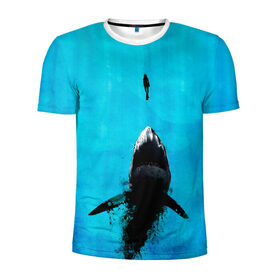 Мужская футболка 3D спортивная с принтом Акула на охоте в Курске, 100% полиэстер с улучшенными характеристиками | приталенный силуэт, круглая горловина, широкие плечи, сужается к линии бедра | акула | женщина | море | охота | рыба | хищник