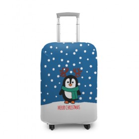 Чехол для чемодана 3D с принтом Праздничный пингвинчик в Курске, 86% полиэфир, 14% спандекс | двустороннее нанесение принта, прорези для ручек и колес | christmas | deer | new | pinguin | snow | snowflakes | winter | xmas | year | год | зима | новый | олень | пингвин | рождество | снег | снежинки