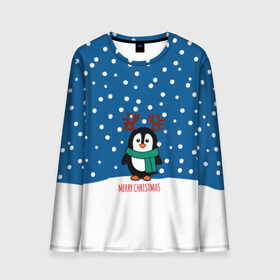 Мужской лонгслив 3D с принтом Праздничный пингвинчик в Курске, 100% полиэстер | длинные рукава, круглый вырез горловины, полуприлегающий силуэт | christmas | deer | new | pinguin | snow | snowflakes | winter | xmas | year | год | зима | новый | олень | пингвин | рождество | снег | снежинки