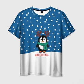 Мужская футболка 3D с принтом Праздничный пингвинчик в Курске, 100% полиэфир | прямой крой, круглый вырез горловины, длина до линии бедер | christmas | deer | new | pinguin | snow | snowflakes | winter | xmas | year | год | зима | новый | олень | пингвин | рождество | снег | снежинки