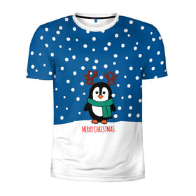 Мужская футболка 3D спортивная с принтом Праздничный пингвинчик в Курске, 100% полиэстер с улучшенными характеристиками | приталенный силуэт, круглая горловина, широкие плечи, сужается к линии бедра | christmas | deer | new | pinguin | snow | snowflakes | winter | xmas | year | год | зима | новый | олень | пингвин | рождество | снег | снежинки