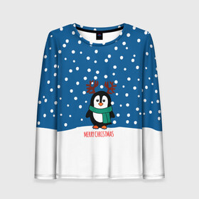 Женский лонгслив 3D с принтом Праздничный пингвинчик в Курске, 100% полиэстер | длинные рукава, круглый вырез горловины, полуприлегающий силуэт | christmas | deer | new | pinguin | snow | snowflakes | winter | xmas | year | год | зима | новый | олень | пингвин | рождество | снег | снежинки