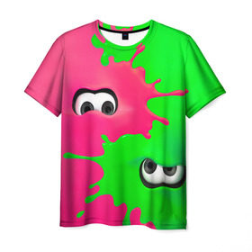 Мужская футболка 3D с принтом Splatoon в Курске, 100% полиэфир | прямой крой, круглый вырез горловины, длина до линии бедер | брызги | глаза | зеленый | игра | краски | розовый | салатовый