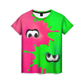 Женская футболка 3D с принтом Splatoon в Курске, 100% полиэфир ( синтетическое хлопкоподобное полотно) | прямой крой, круглый вырез горловины, длина до линии бедер | брызги | глаза | зеленый | игра | краски | розовый | салатовый