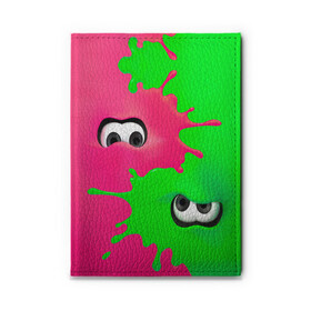 Обложка для автодокументов с принтом Splatoon в Курске, натуральная кожа |  размер 19,9*13 см; внутри 4 больших “конверта” для документов и один маленький отдел — туда идеально встанут права | брызги | глаза | зеленый | игра | краски | розовый | салатовый
