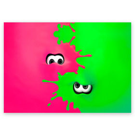 Поздравительная открытка с принтом Splatoon в Курске, 100% бумага | плотность бумаги 280 г/м2, матовая, на обратной стороне линовка и место для марки
 | Тематика изображения на принте: брызги | глаза | зеленый | игра | краски | розовый | салатовый