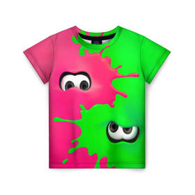 Детская футболка 3D с принтом Splatoon в Курске, 100% гипоаллергенный полиэфир | прямой крой, круглый вырез горловины, длина до линии бедер, чуть спущенное плечо, ткань немного тянется | брызги | глаза | зеленый | игра | краски | розовый | салатовый