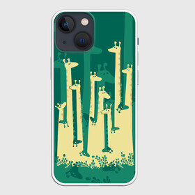 Чехол для iPhone 13 mini с принтом Жирафы в Курске,  |  | africa | animals | fantasy | giraffes | long | neck | silhouette | spots | stencil | surrealism | аниме | африка | ветки | длинная | животные | жирафы | зелёный | картинка | крутой | листья | лучший | пятна | растения | рисунок | силуэт