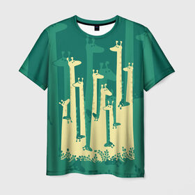 Мужская футболка 3D с принтом Жирафы в Курске, 100% полиэфир | прямой крой, круглый вырез горловины, длина до линии бедер | africa | animals | fantasy | giraffes | long | neck | silhouette | spots | stencil | surrealism | аниме | африка | ветки | длинная | животные | жирафы | зелёный | картинка | крутой | листья | лучший | пятна | растения | рисунок | силуэт