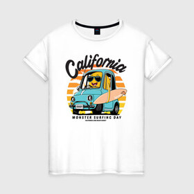 Женская футболка хлопок с принтом Калифорния в Курске, 100% хлопок | прямой крой, круглый вырез горловины, длина до линии бедер, слегка спущенное плечо | california | surfing | авто | калифорния | лето | монстр | серфинг