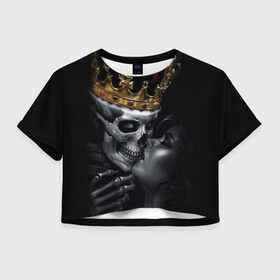 Женская футболка Cropp-top с принтом Скелет и девушка в Курске, 100% полиэстер | круглая горловина, длина футболки до линии талии, рукава с отворотами | девушка | женщина | король | корона | любовь | пара | поцелуй | скелет | череп