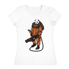 Женская футболка хлопок с принтом Панда Космонавт в Курске, 100% хлопок | прямой крой, круглый вырез горловины, длина до линии бедер, слегка спущенное плечо | астронавт | космонавт | космос | панда | панды