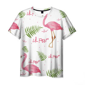 Мужская футболка 3D с принтом Lil Peep pink flamingo в Курске, 100% полиэфир | прямой крой, круглый вырез горловины, длина до линии бедер | benz truck | girls. pink | gustav hr | hip hop | lil | lil peep | peep | rap | лил | лилпип | листья | пальма | пальмы | пип | розовый | рэп | фламинго | хип хоп | эмо | эмо реп