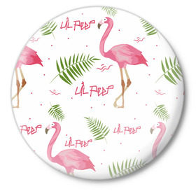Значок с принтом Lil Peep pink flamingo в Курске,  металл | круглая форма, металлическая застежка в виде булавки | benz truck | girls. pink | gustav hr | hip hop | lil | lil peep | peep | rap | лил | лилпип | листья | пальма | пальмы | пип | розовый | рэп | фламинго | хип хоп | эмо | эмо реп