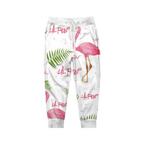 Детские брюки 3D с принтом Lil Peep pink flamingo в Курске, 100% полиэстер | манжеты по низу, эластичный пояс регулируется шнурком, по бокам два кармана без застежек, внутренняя часть кармана из мелкой сетки | benz truck | girls. pink | gustav hr | hip hop | lil | lil peep | peep | rap | лил | лилпип | листья | пальма | пальмы | пип | розовый | рэп | фламинго | хип хоп | эмо | эмо реп