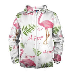 Мужская ветровка 3D с принтом Lil Peep pink flamingo в Курске, 100% полиэстер | подол и капюшон оформлены резинкой с фиксаторами, два кармана без застежек по бокам, один потайной карман на груди | Тематика изображения на принте: benz truck | girls. pink | gustav hr | hip hop | lil | lil peep | peep | rap | лил | лилпип | листья | пальма | пальмы | пип | розовый | рэп | фламинго | хип хоп | эмо | эмо реп