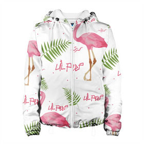 Женская куртка 3D с принтом Lil Peep pink flamingo в Курске, ткань верха — 100% полиэстер, подклад — флис | прямой крой, подол и капюшон оформлены резинкой с фиксаторами, два кармана без застежек по бокам, один большой потайной карман на груди. Карман на груди застегивается на липучку | benz truck | girls. pink | gustav hr | hip hop | lil | lil peep | peep | rap | лил | лилпип | листья | пальма | пальмы | пип | розовый | рэп | фламинго | хип хоп | эмо | эмо реп