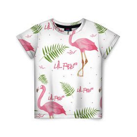 Детская футболка 3D с принтом Lil Peep pink flamingo в Курске, 100% гипоаллергенный полиэфир | прямой крой, круглый вырез горловины, длина до линии бедер, чуть спущенное плечо, ткань немного тянется | benz truck | girls. pink | gustav hr | hip hop | lil | lil peep | peep | rap | лил | лилпип | листья | пальма | пальмы | пип | розовый | рэп | фламинго | хип хоп | эмо | эмо реп