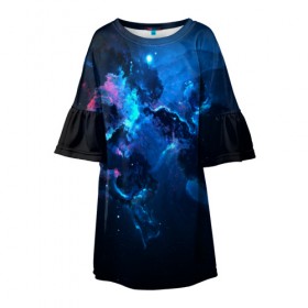 Детское платье 3D с принтом КОСМОС в Курске, 100% полиэстер | прямой силуэт, чуть расширенный к низу. Круглая горловина, на рукавах — воланы | Тематика изображения на принте: galaxy | nebula | space | star | абстракция | вселенная | галактика | звезда | звезды | космический | планеты
