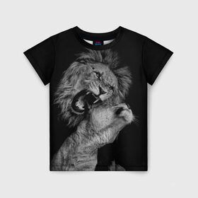 Детская футболка 3D с принтом Лев и львица в Курске, 100% гипоаллергенный полиэфир | прямой крой, круглый вырез горловины, длина до линии бедер, чуть спущенное плечо, ткань немного тянется | животные | кот | кошка | лев | львица | оскал | природа | рык | рычит | хищник