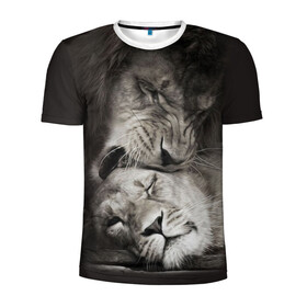 Мужская футболка 3D спортивная с принтом Лев и львица в Курске, 100% полиэстер с улучшенными характеристиками | приталенный силуэт, круглая горловина, широкие плечи, сужается к линии бедра | животные | кот | кошка | лев | львица | оскал | природа | рык | рычит | хищник