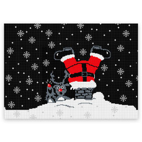 Поздравительная открытка с принтом Санта Клаус в трубе в Курске, 100% бумага | плотность бумаги 280 г/м2, матовая, на обратной стороне линовка и место для марки
 | Тематика изображения на принте: 2019 | вверх ногами | год | дед мороз | животные | зима | из трубы | кирпичи | клаус | красный | крыша | мыши | новый год | нос | ночь | падает | подарок | поздравление | праздник | ремень | рождество
