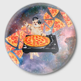 Значок с принтом Кот Диджей в Курске,  металл | круглая форма, металлическая застежка в виде булавки | Тематика изображения на принте: cat | cosmos | dj | fast | fastfood | food | meme | party | pizza | space | вечеринка | диджей | еда | космос | кошак | кошка | мем | пицца | фастфуд