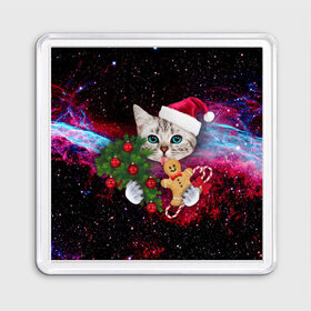Магнит 55*55 с принтом astro cat в Курске, Пластик | Размер: 65*65 мм; Размер печати: 55*55 мм | art | cat | new year | pizza | space | абстракция | еда | ёлка | звезды | киса | космос | кот | кот в космосе | кот с едой | котенок | котик | кошка | новый год | пицца | праздник | рождество | шапка