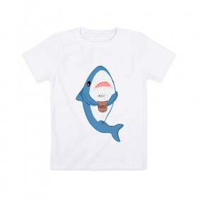 Детская футболка хлопок с принтом Hype Shark в Курске, 100% хлопок | круглый вырез горловины, полуприлегающий силуэт, длина до линии бедер | Тематика изображения на принте: coffee | cute | hype | kawaii | shark | акула | кофе | милый | море | рыба | хищник