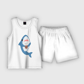 Детская пижама с шортами хлопок с принтом Hype Shark в Курске,  |  | Тематика изображения на принте: coffee | cute | hype | kawaii | shark | акула | кофе | милый | море | рыба | хищник